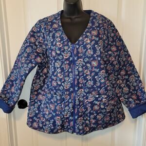 Passage Reversible Quilted Jacket Large Blue Floral Full Zip Cottage Boho Spring
